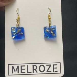 Blue Square & Gold Leaf Resin Dangle Earrings - 14k Gold Plated